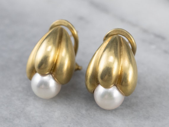 Botanical Brushed Gold Pearl Drop Earrings, Yello… - image 3