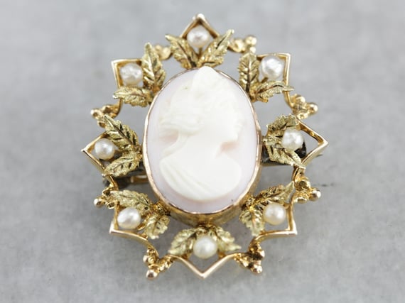 Art Nouveau Cameo Pin, Cameo and Seed Pearl, Came… - image 1