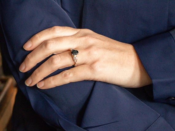 Retro Oval Indicolite Tourmaline Diamond Ring, 14… - image 4