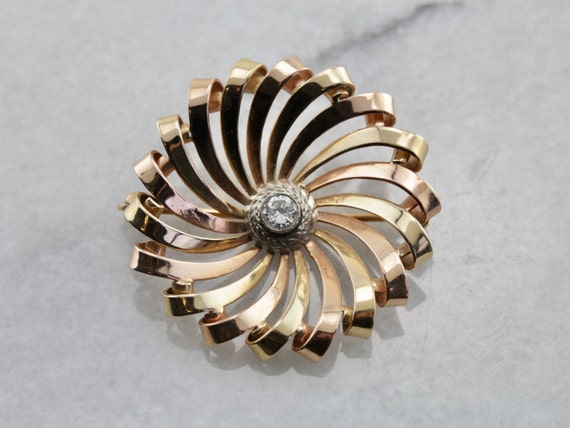 Mid Century Spiral Brooch with Diamond Center in … - image 1