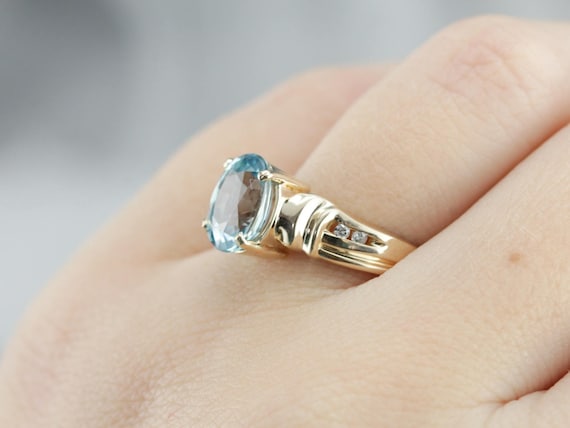 14K Yellow Gold Blue Zircon and Diamond Ring, Dec… - image 5