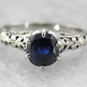 Enchanting Deep Blue Sapphire Ring in White Gold Art Nouveau Setting - EDK9W0-P