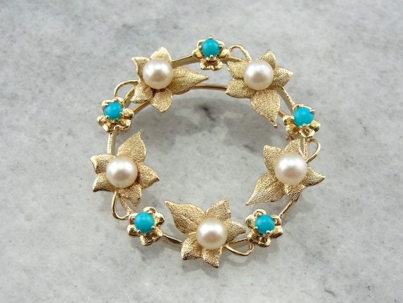 Art Nouveau Leaf, Pearl and Turquoise Circle Pin … - image 1