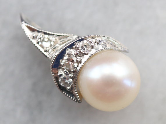 Sweet Cultured Pearl and Diamond Pendant, White G… - image 2