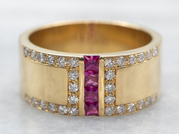 Yellow Gold Ruby and Diamond Wide Band, Yellow Go… - image 1