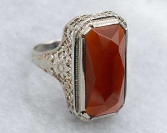Carnelian Floral Filigree Art Deco White Gold Ring