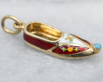 14K Gold Enamel Slipper Charm, Turquoise Accent