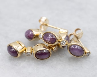 14K Gold Ruby Cabochon Drop Earrings, Diamond Accents