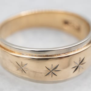 Two Tone Band With Etched Star Details, Yellow and White Gold Band, Etched Band, Gold Band, Wedding Band, Stacking Band, Pattern Band A29665