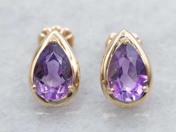 14K Gold Pear Amethyst Stud Earrings, February Bi… - image 1