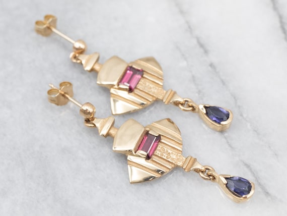 Vintage Iolite and Tourmaline Drop Earrings, Yell… - image 1