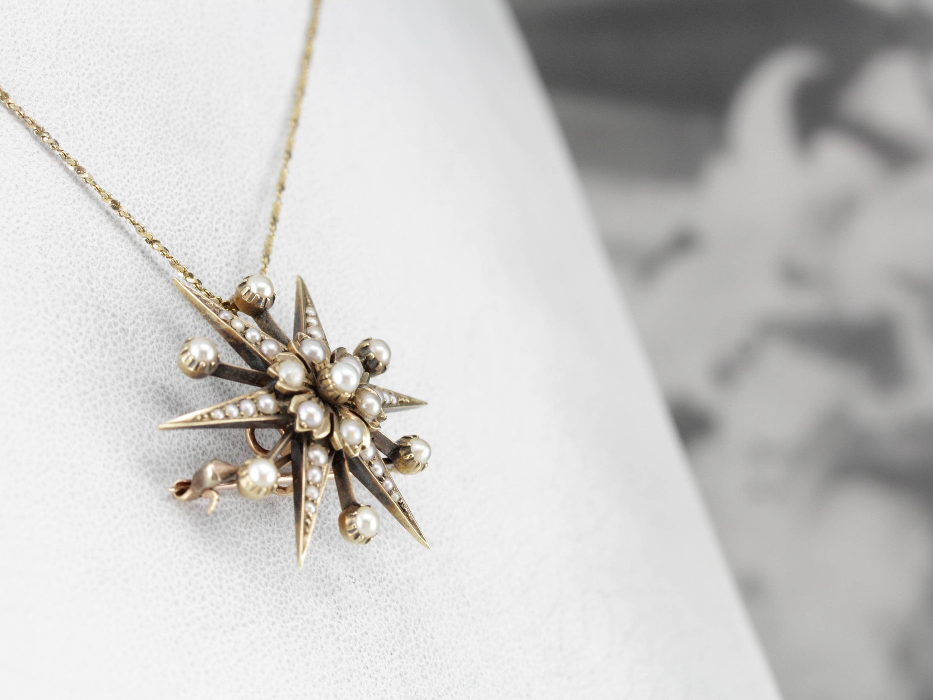 Antique Seed Pearl Starburst Brooch, Victorian Estate  Antique Victorian Sterling, Glass & Seed Pearl Brooch main image 0