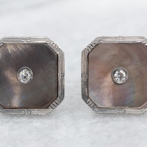 Mixed Metal Mother of Pearl and Diamond Cufflink Conversion Stud Earrings, Cufflink Conversion, Stud Earrings, Mother of Pearl, Studs A30473