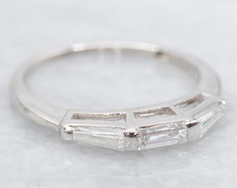 Vintage Platinum Baguette Diamond Wedding Band, Retro Minimalist Jewelry