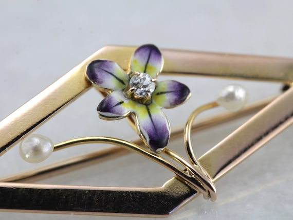 Sweet Vintage Enameled Pansy Brooch with Diamond … - image 1