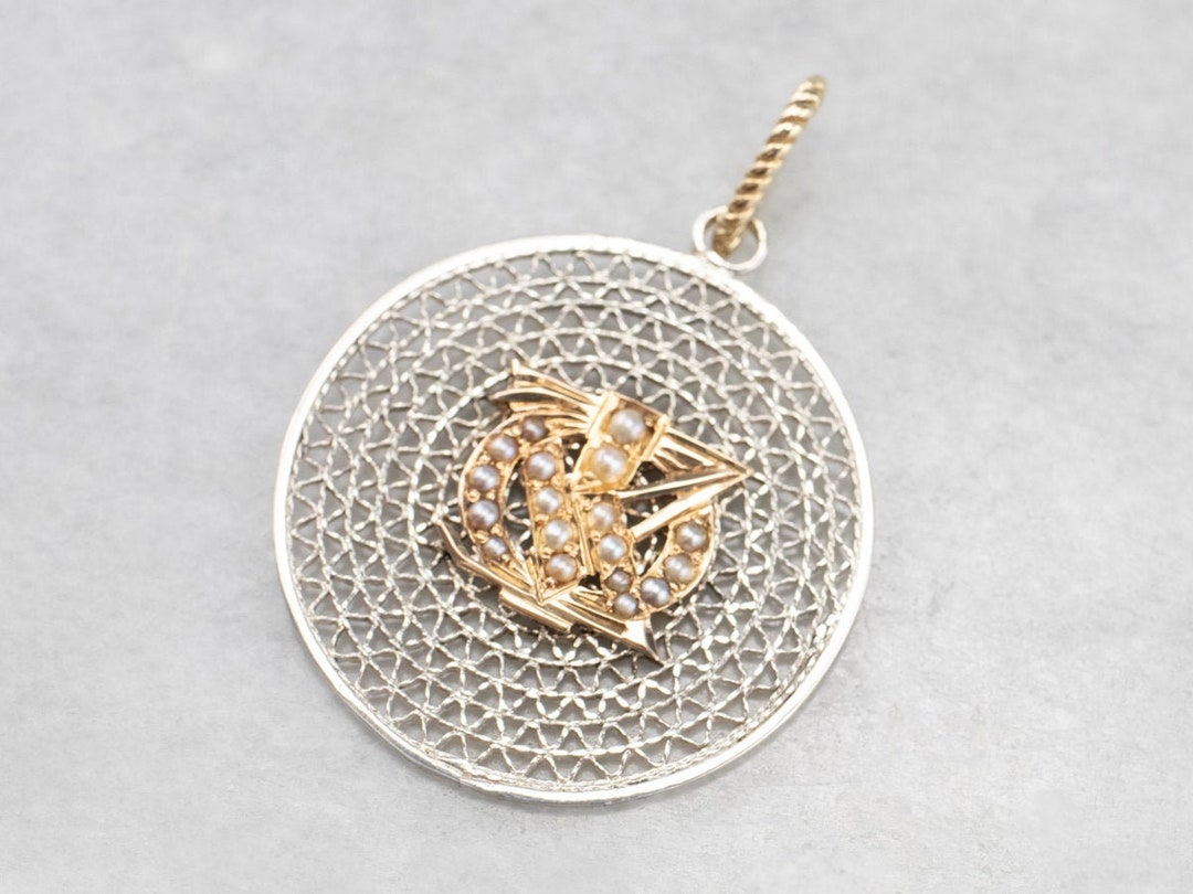 Mixed Metal Seed Pearl Pendant, Silver and Gold Pendant, Round Filigree ...