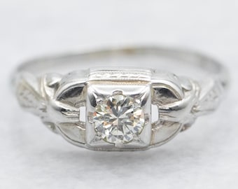 Anillo solitario de diamante vintage, oro blanco de 18 quilates, anillo de compromiso retro
