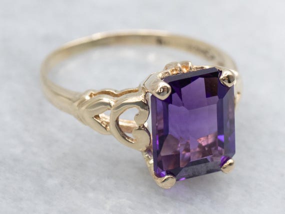 Emerald-Cut Amethyst Solitaire Ring, 10K Yellow G… - image 1