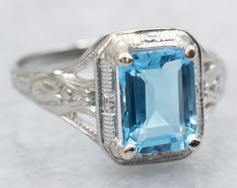 Anillo Art Déco de topacio azul de Londres, oro blanco de 10 quilates, talla esmeralda