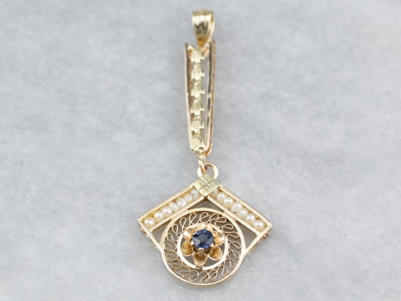 Sapphire Pearl Gold Drop Pendant, Sapphire Lavali… - image 2