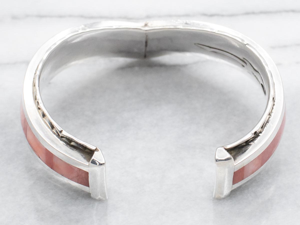 Zuni Sterling Silver Coral Spiny Oyster Cuff Bracelet, Handmade by