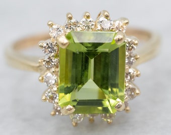 Yellow Gold Peridot and Diamond Halo Ring, Anniversary Gift, August Birthstone, Birthstone Jewelry, Peridot Jewelry, A23795