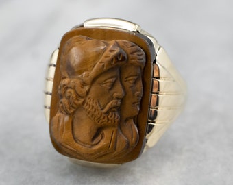 Men's Tiger's Eye Cameo Gold Ring, 1930's Vintage Cameo Ring, Cameo Jewelry, Carved Cabochon Ring R220WLKJ