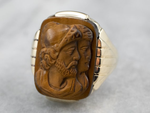 Men's Tiger's Eye Cameo Gold Ring, 1930's Vintage… - image 1