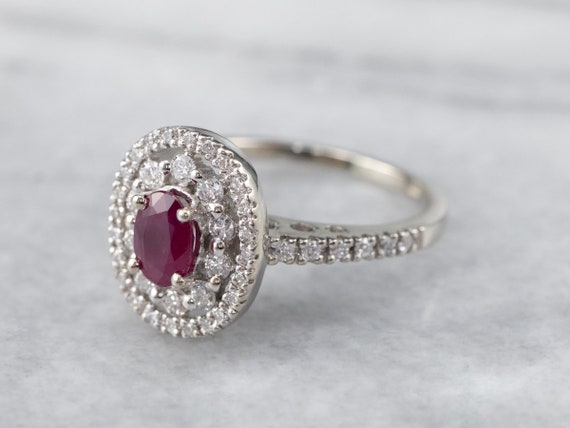 Ruby and Diamond Double Halo Ring, 14K White Gold - image 3