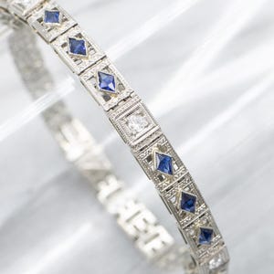 Art Deco Sapphire and Diamond Link Bracelet, Antique Sapphire and Diamond, Antique Diamond Bracelet, Bridal Jewelry A64026