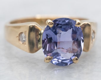 14K Yellow Gold Purple Sapphire Ring, Diamond Accents, Size 4.5