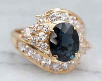 Blue Tourmaline Diamond Bypass Ring, Diamond Tourmaline Halo Ring, 18K Gold Tourmaline Ring, Tourmaline Cocktail, Anniversary Gift A24530