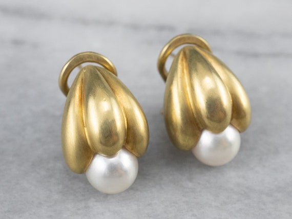 Botanical Brushed Gold Pearl Drop Earrings, Yello… - image 4