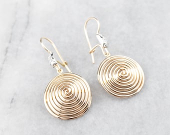 14K Gold Spiral Earrings, Diamond Accent Drop Earrings