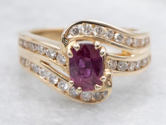 14K Gold Ruby Diamond Bypass Ring, July Birthstone - image 1