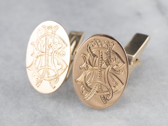 Antique 14K Yellow Gold Monogram Cufflinks, BI In… - image 2
