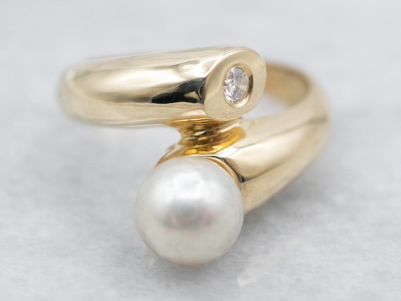 Modernist Pearl and Diamond Ring, Yellow Gold Pea… - image 1