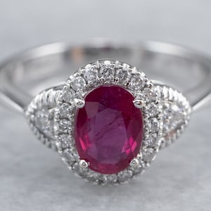 Ruby Diamond White Gold Ring, Ruby Engagement Ring, Anniversary Ring, Halo Ring, July Birthstone, DZFAW0U9