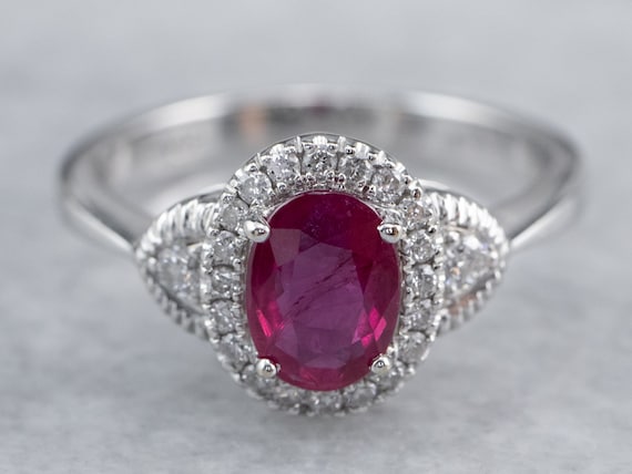 18K White Gold Ruby Diamond Halo Ring, Anniversar… - image 1