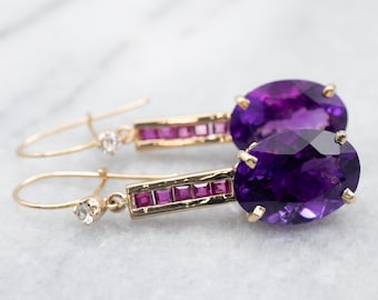 Amethyst Ruby and White Sapphire Drop Earrings, Yellow Gold Amethyst Earrings, Amethyst Dangle Earrings, Gemstone Earrings A29754