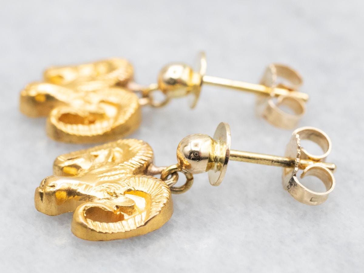Aries the Ram Drop Earrings, Yellow Gold Stud Earrings