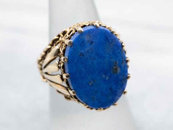 14K Gold Chainlink Lapis Ring, Mid Century Caboch… - image 3