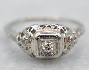 Art Deco Diamond 14K White Gold Filigree Engagement Ring
