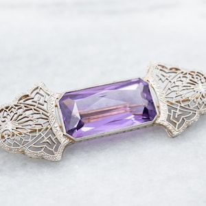 Art Deco Amethyst Brooch, Gold Filigree Pin, Antique Two Tone Gold Brooch, Bridal Jewelry, Anniversary Gift A18652