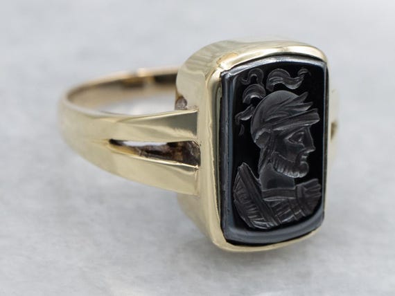 Hematite Intaglio Yellow Gold Split Shoulder Ring - image 2