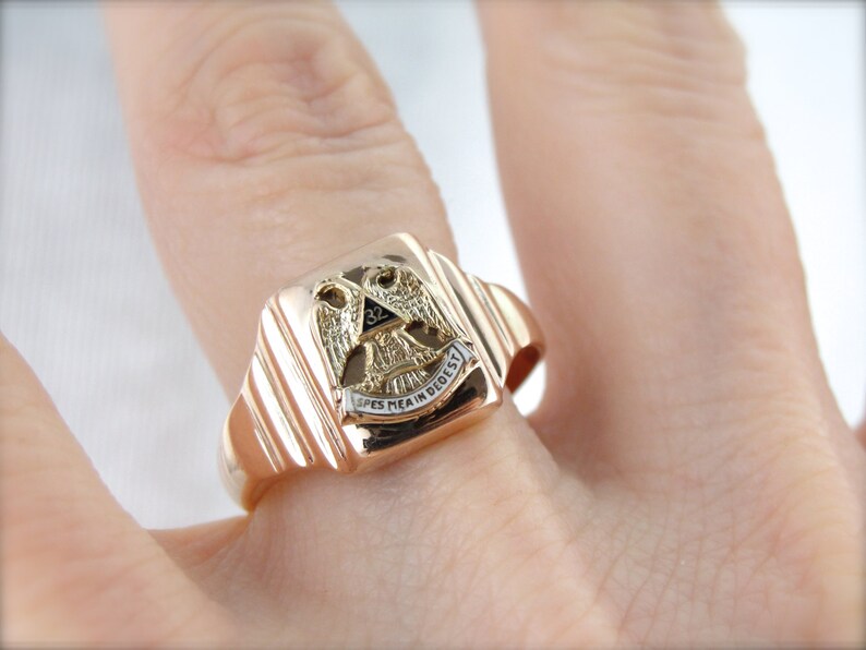 Vintage Masonic Double Eagle Enamel Statement Ring RWJZMF-D