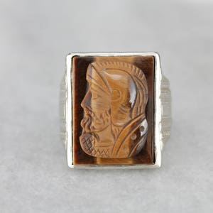Vintage Tiger&#39;s Eye Cameo White Gold Men&#39;s Ring 1RXRWC