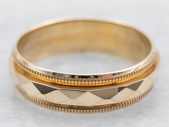 Yellow Gold Wedding Band with Faceted Center and … - image 1