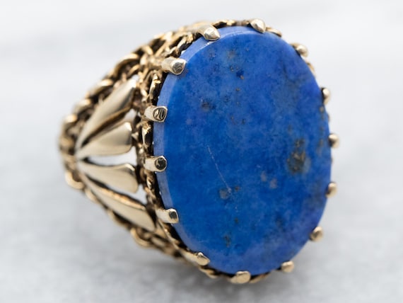 14K Gold Chainlink Lapis Ring, Mid Century Caboch… - image 1