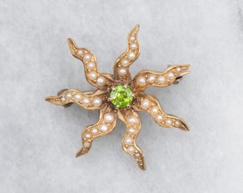 Antique Seed Pearl Starburst Brooch, Victorian Gold
